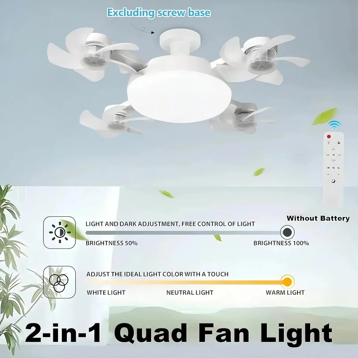 F4+ Ceiling Fan with LED Light, Remote Control, E27 Base, 3 Color Modes, 2000 Lumens