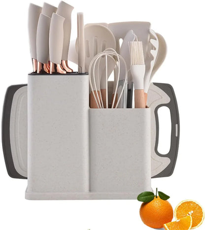 19 Pcs Kitchen Knife and Utensil Set with Cutting Board, Scissors, and Storage Base