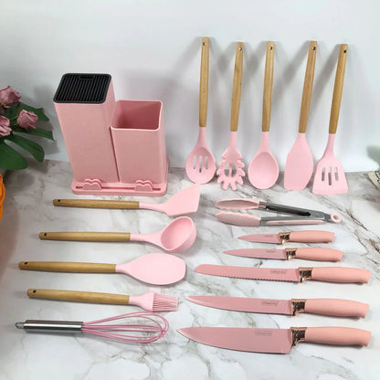 19 Pcs Kitchen Knife and Utensil Set with Cutting Board, Scissors, and Storage Base