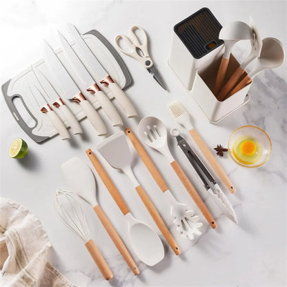 19 Pcs Kitchen Knife and Utensil Set with Cutting Board, Scissors, and Storage Base